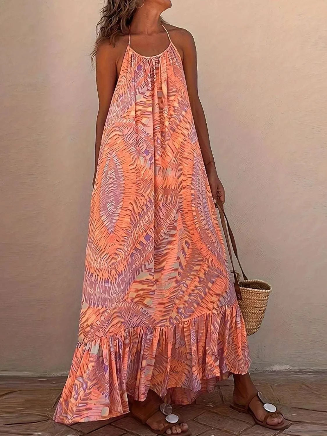 Backless Printed Halter Neck Maxi Cami Dress WESTCLOSET