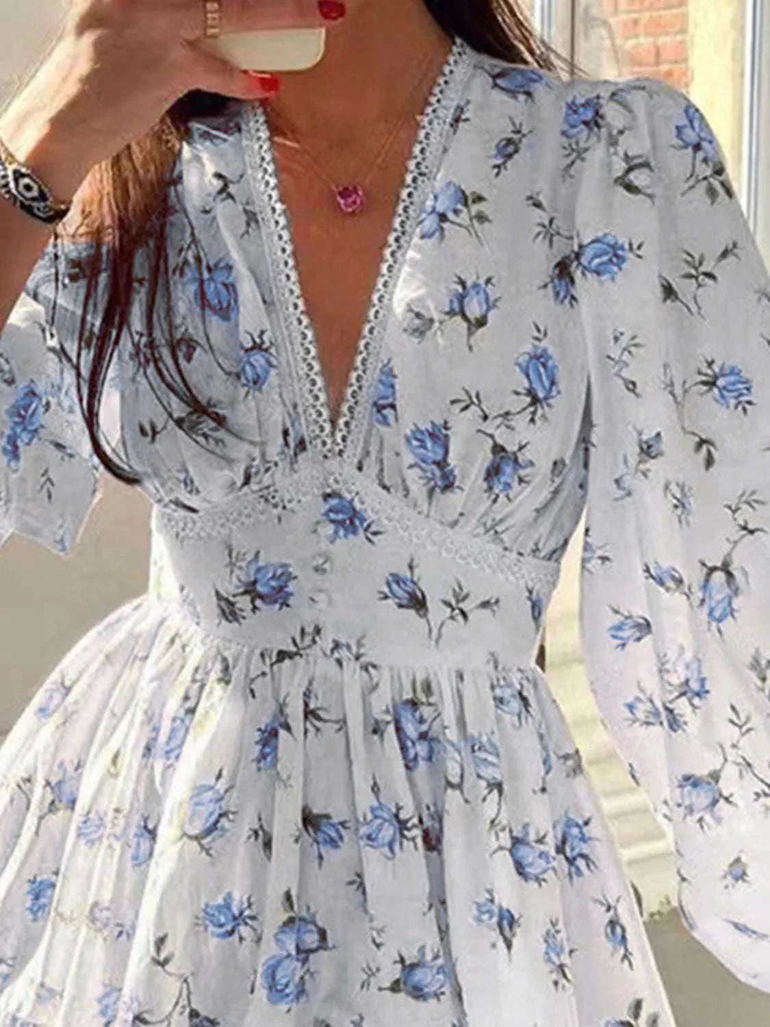 Lace Detail V-Neck Balloon Sleeve Dress WESTCLOSET