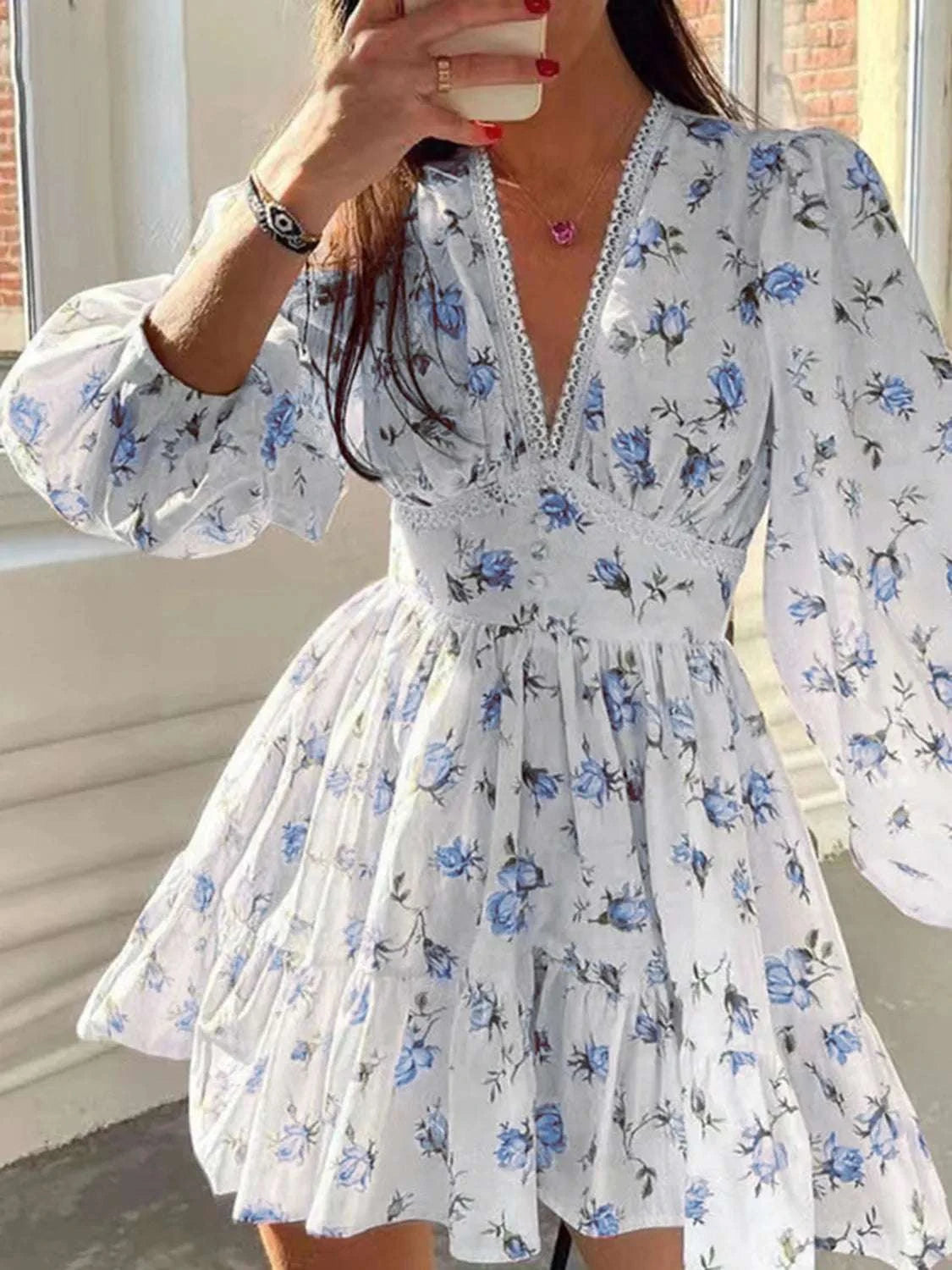 Lace Detail V-Neck Balloon Sleeve Dress WESTCLOSET