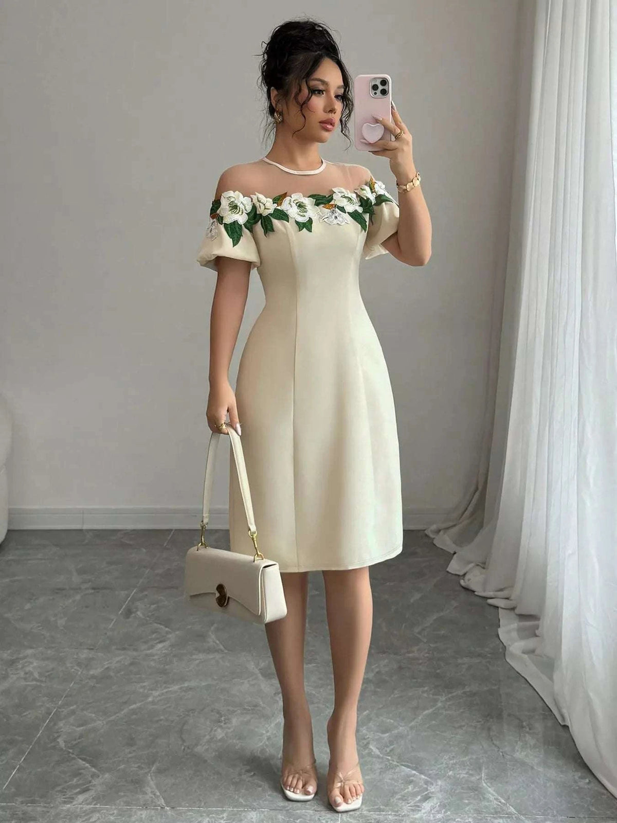 Floral Embroidered Puff Sleeve Dress with Mesh Shoulder WESTCLOSET