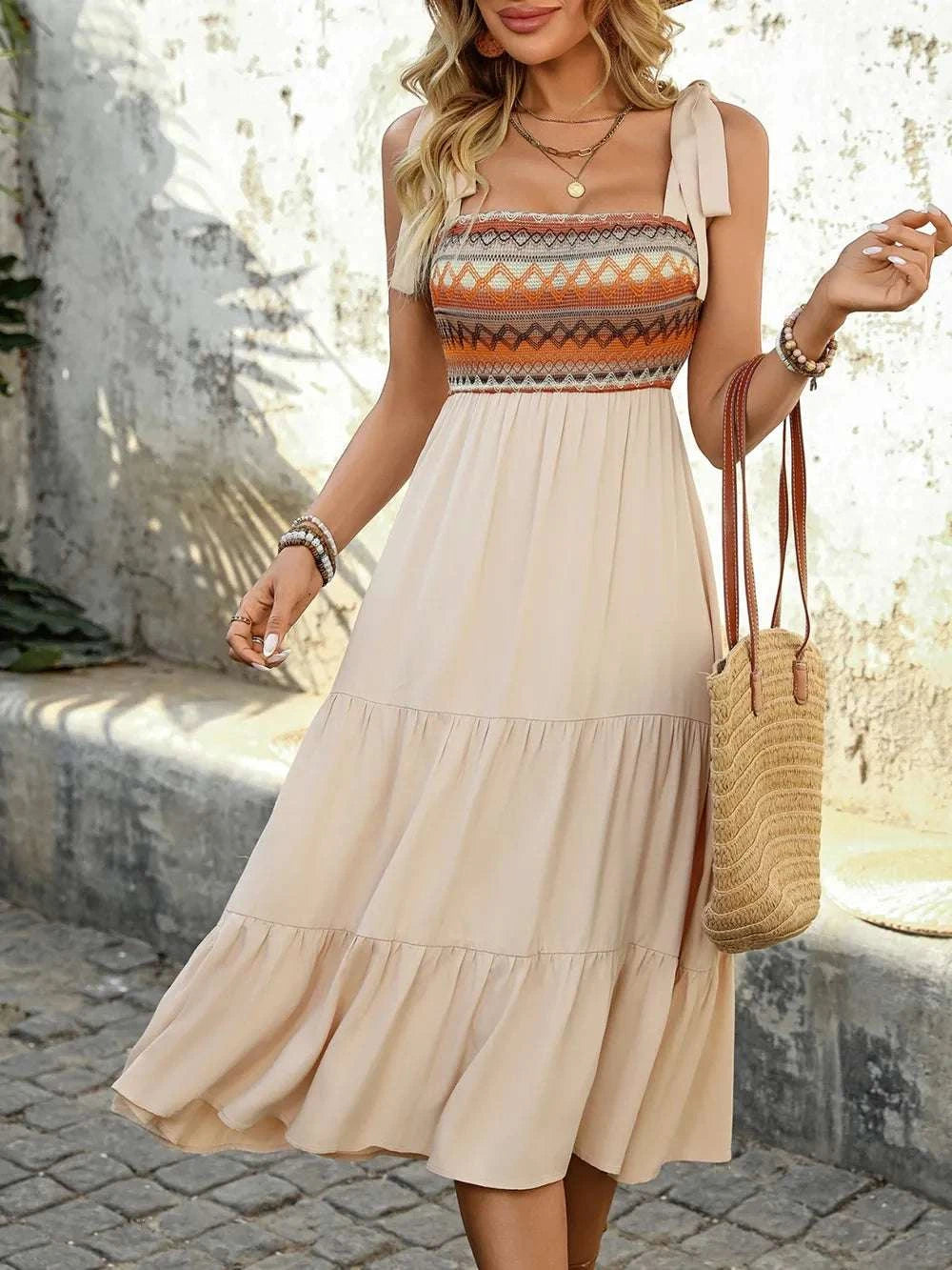 Tie Shoulder Square Neck Tiered Midi Dress WESTCLOSET