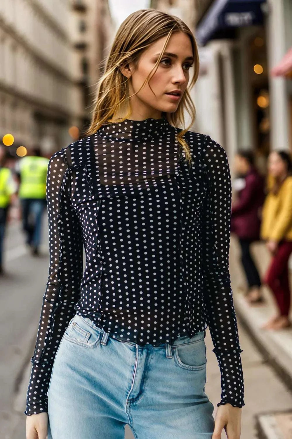 Oh Full Size Frill Printed Mock Neck Long Sleeve Top WESTCLOSET