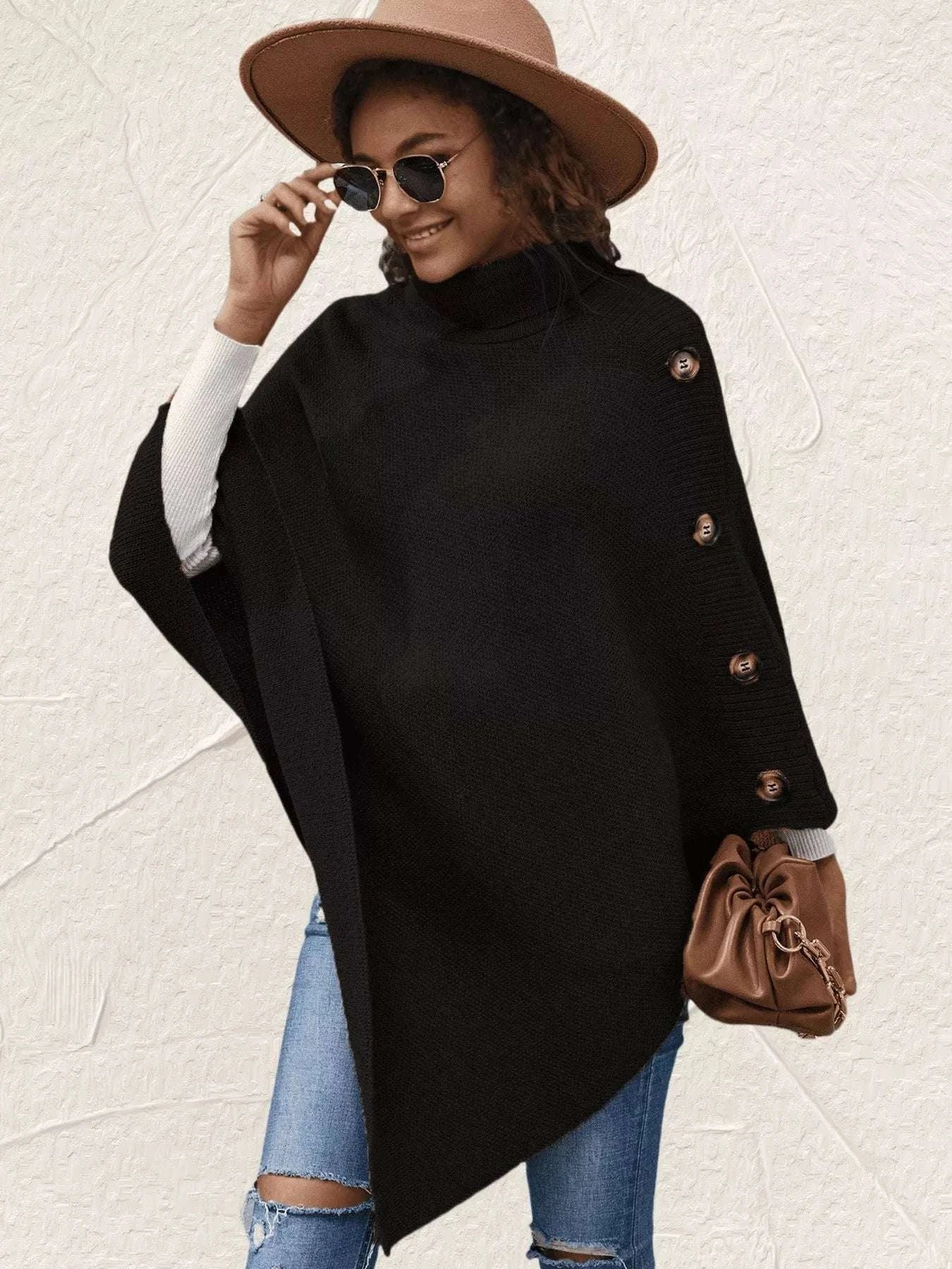 Button-Decor Turtleneck Poncho Pullover WESTCLOSET
