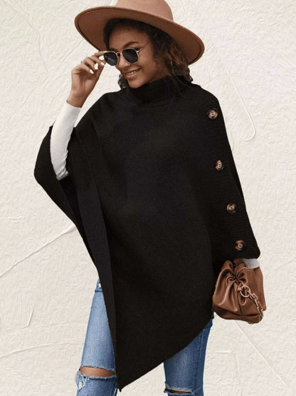 Button-Decor Turtleneck Poncho Pullover WESTCLOSET