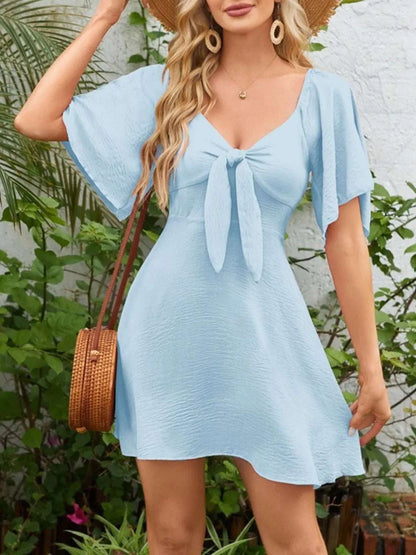 Smocked Back Knotted Flutter Sleeve Dress WESTCLOSET