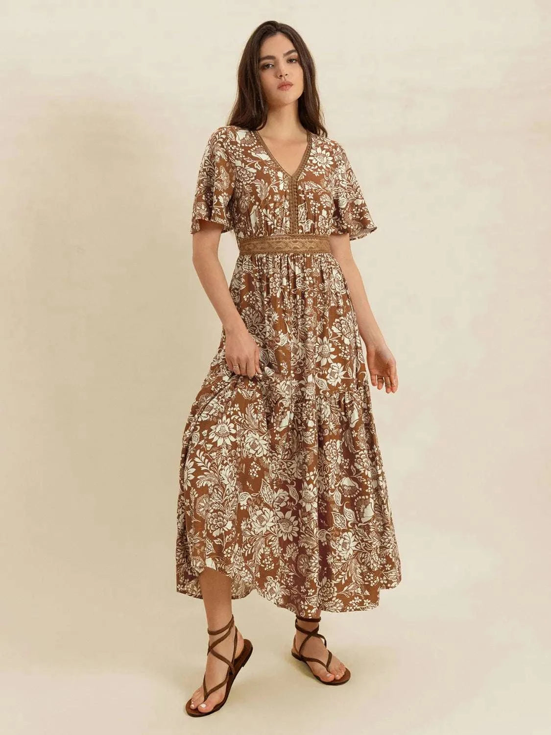 Lace Detail Printed Short Sleeve Midi Dress WESTCLOSET