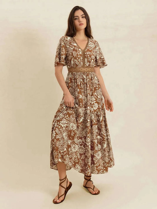 Lace Detail Printed Short Sleeve Midi Dress WESTCLOSET