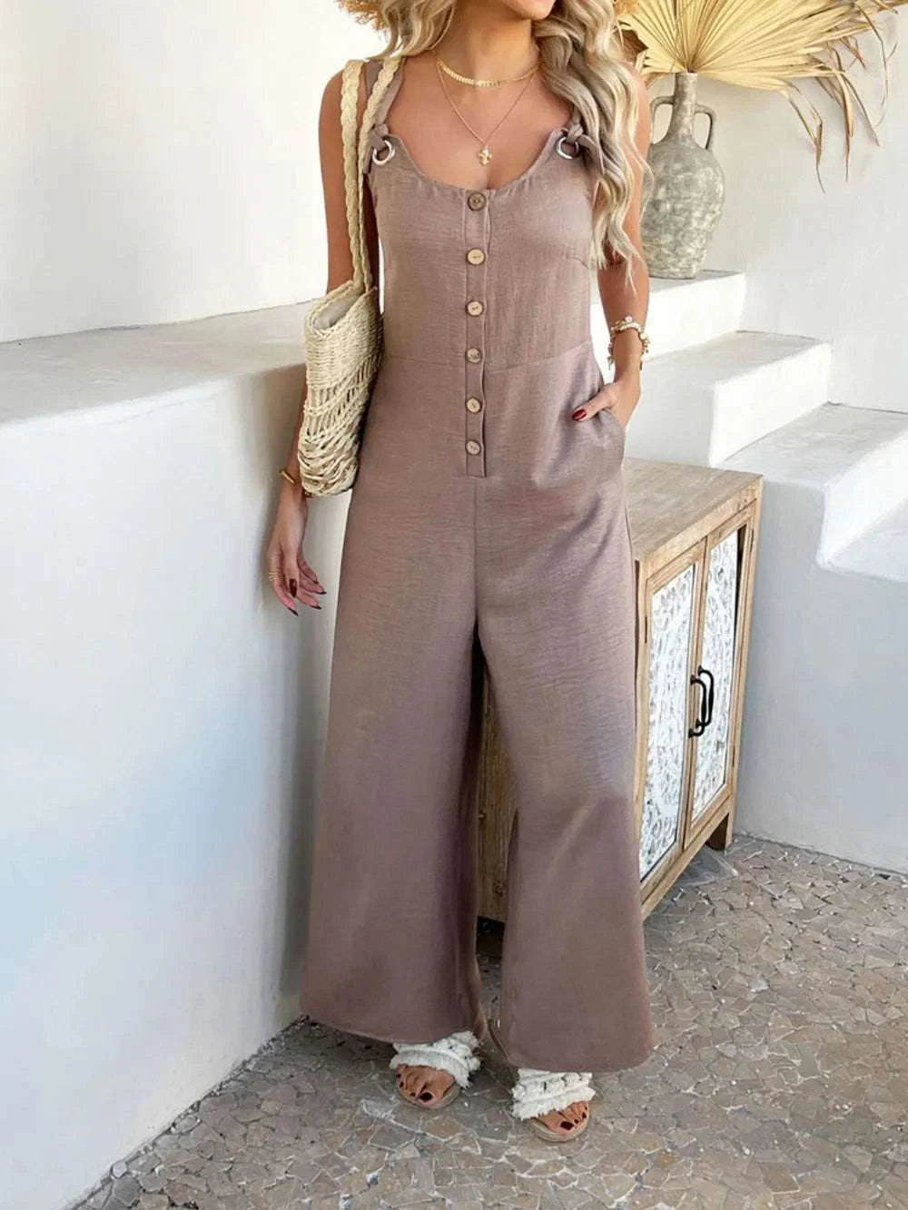 Devine Button Front Knotted Strap Wide Leg Jumpsuit WESTCLOSET