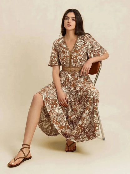Lace Detail Printed Short Sleeve Midi Dress WESTCLOSET