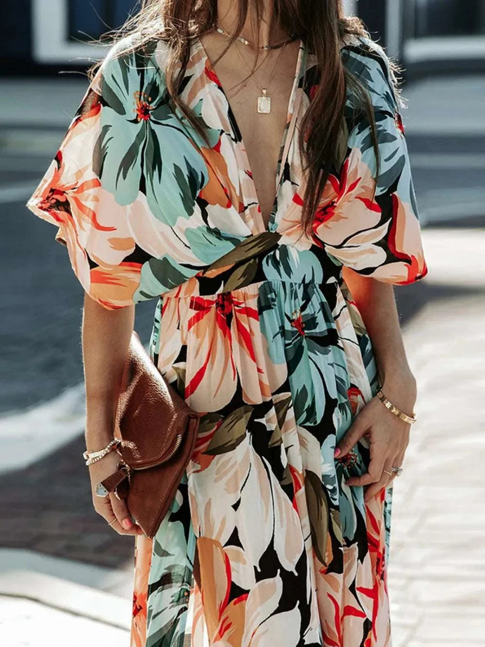 Floral Plunge Half Sleeve Dress WESTCLOSET
