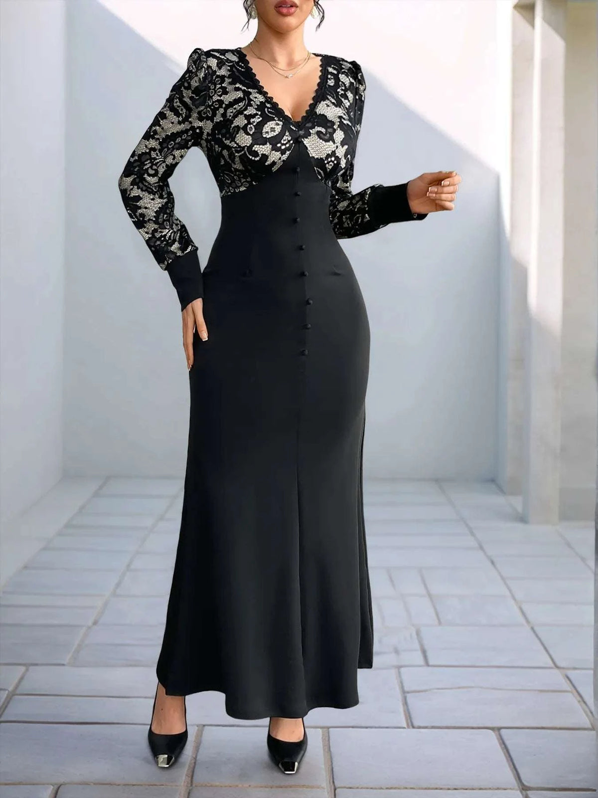 Lace V-Neck Long Sleeve Maxi Dress WESTCLOSET