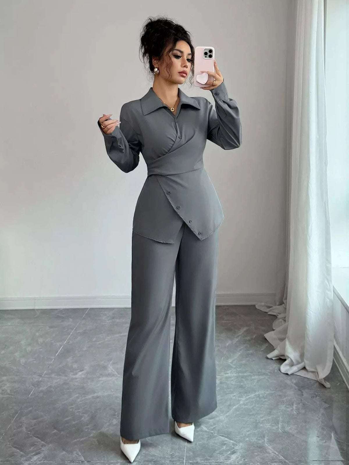 Back Tie Wrap Blazer and Wide Leg Pants Set WESTCLOSET