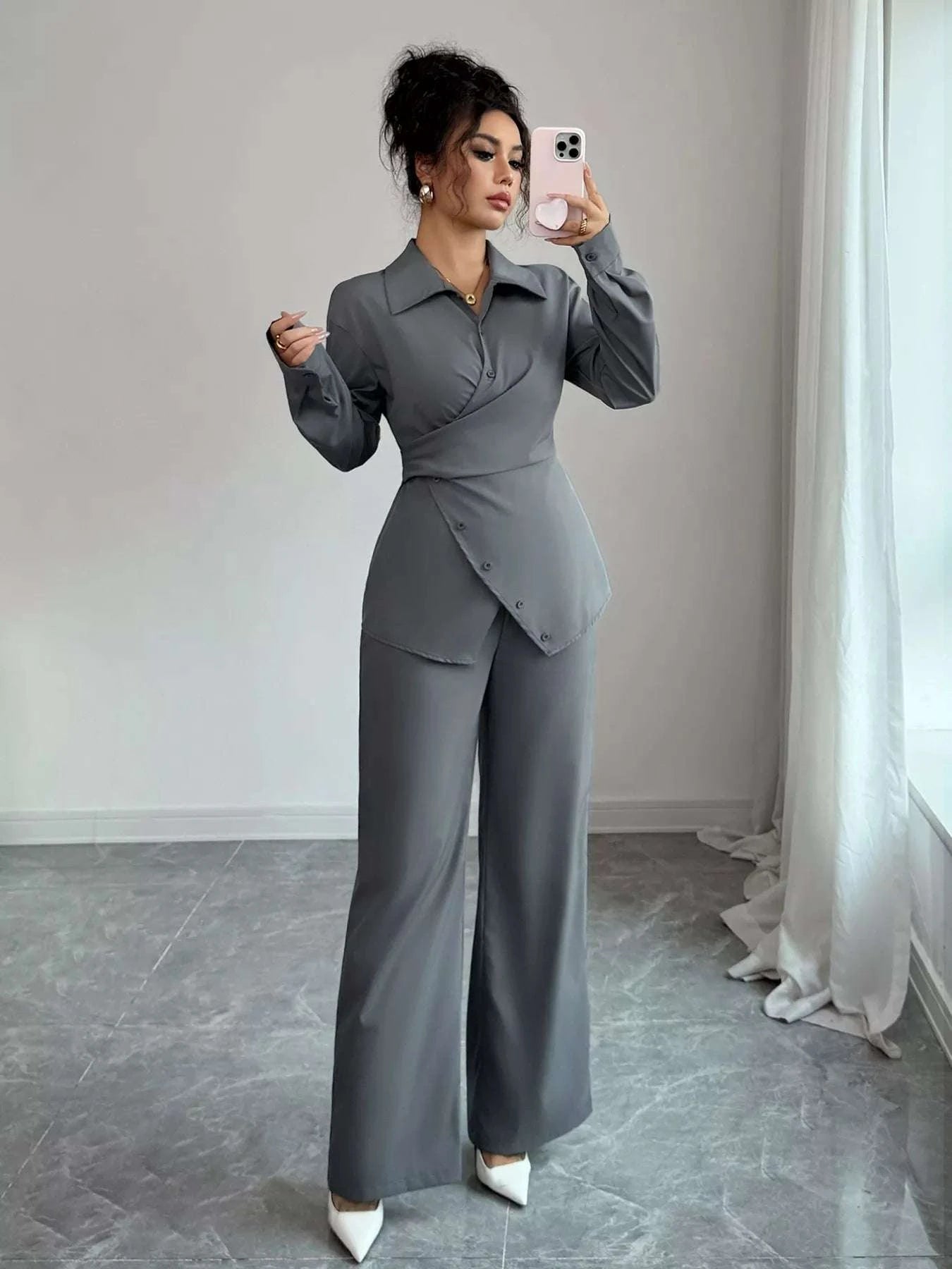 Back Tie Wrap Blazer and Wide Leg Pants Set WESTCLOSET