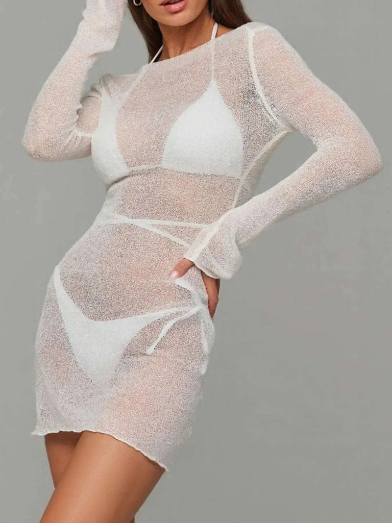 Sheer Backless Long Sleeve Mini Cover-Up Dress WESTCLOSET