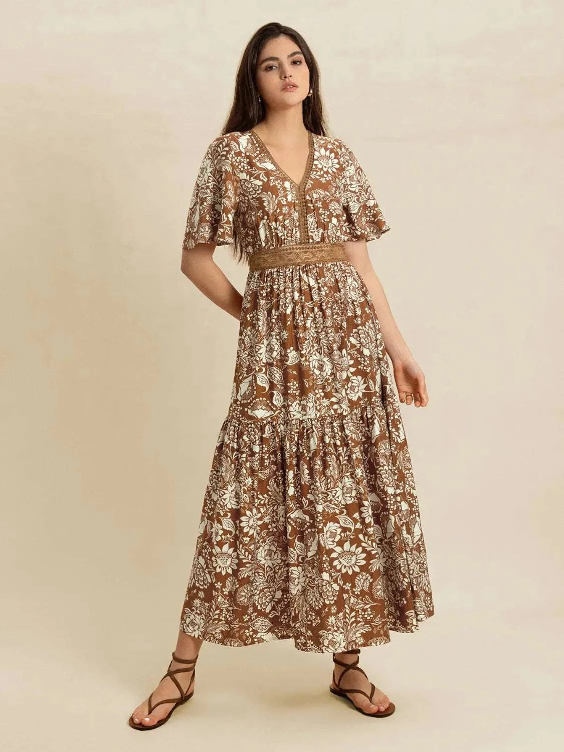 Lace Detail Printed Short Sleeve Midi Dress WESTCLOSET