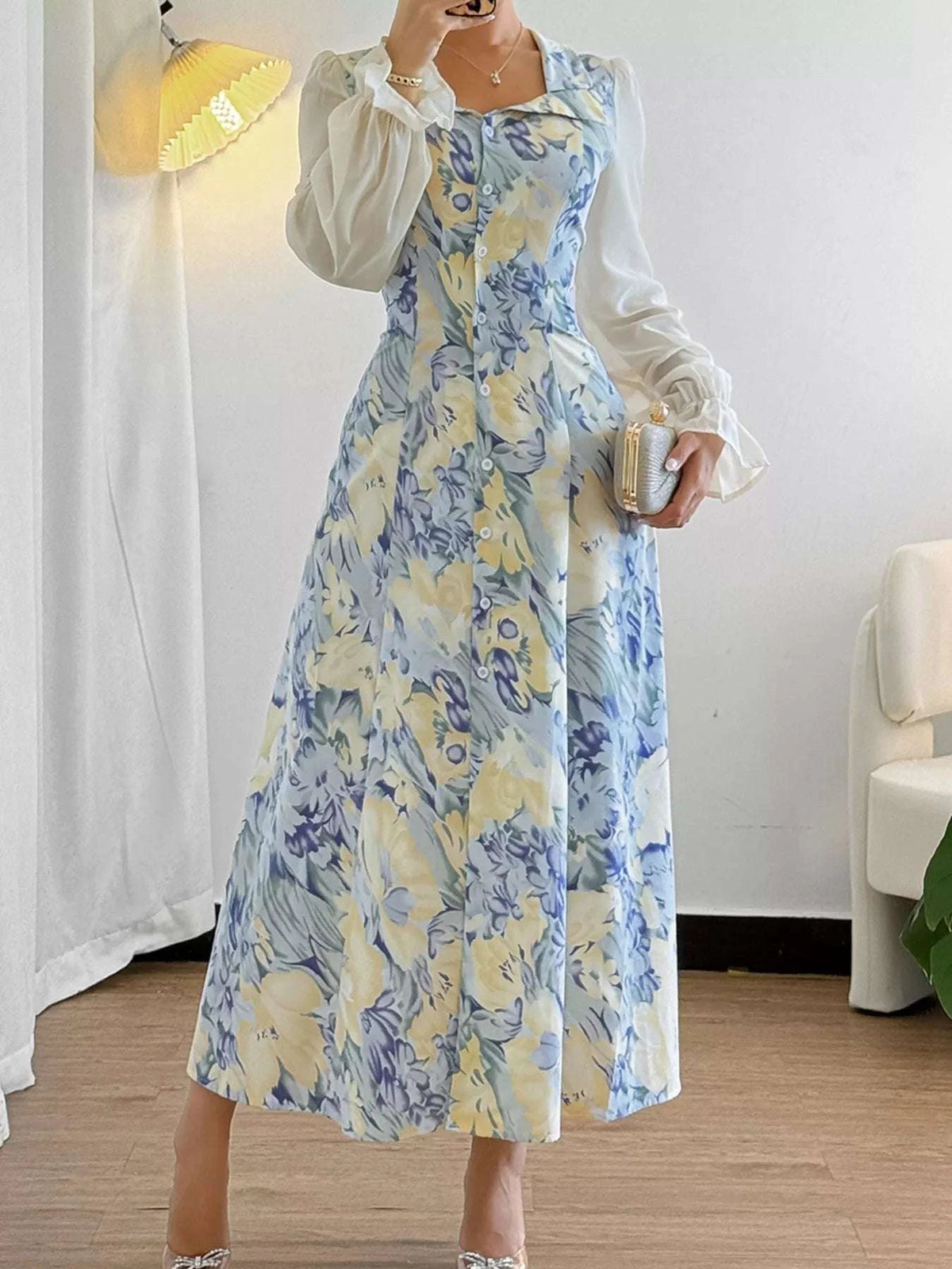 Floral Print Sheer Flounce Sleeves Dress WESTCLOSET