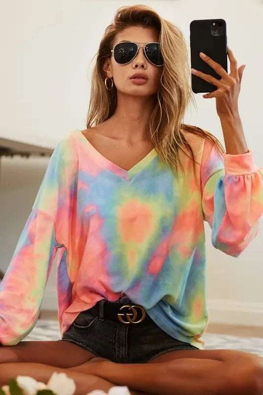 BiBi Tie Dye French Terry V Neck Top WESTCLOSET