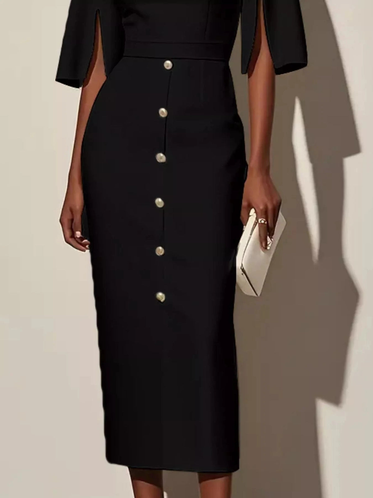 Slit Sleeve Midi Dress with Decorative Button WESTCLOSET