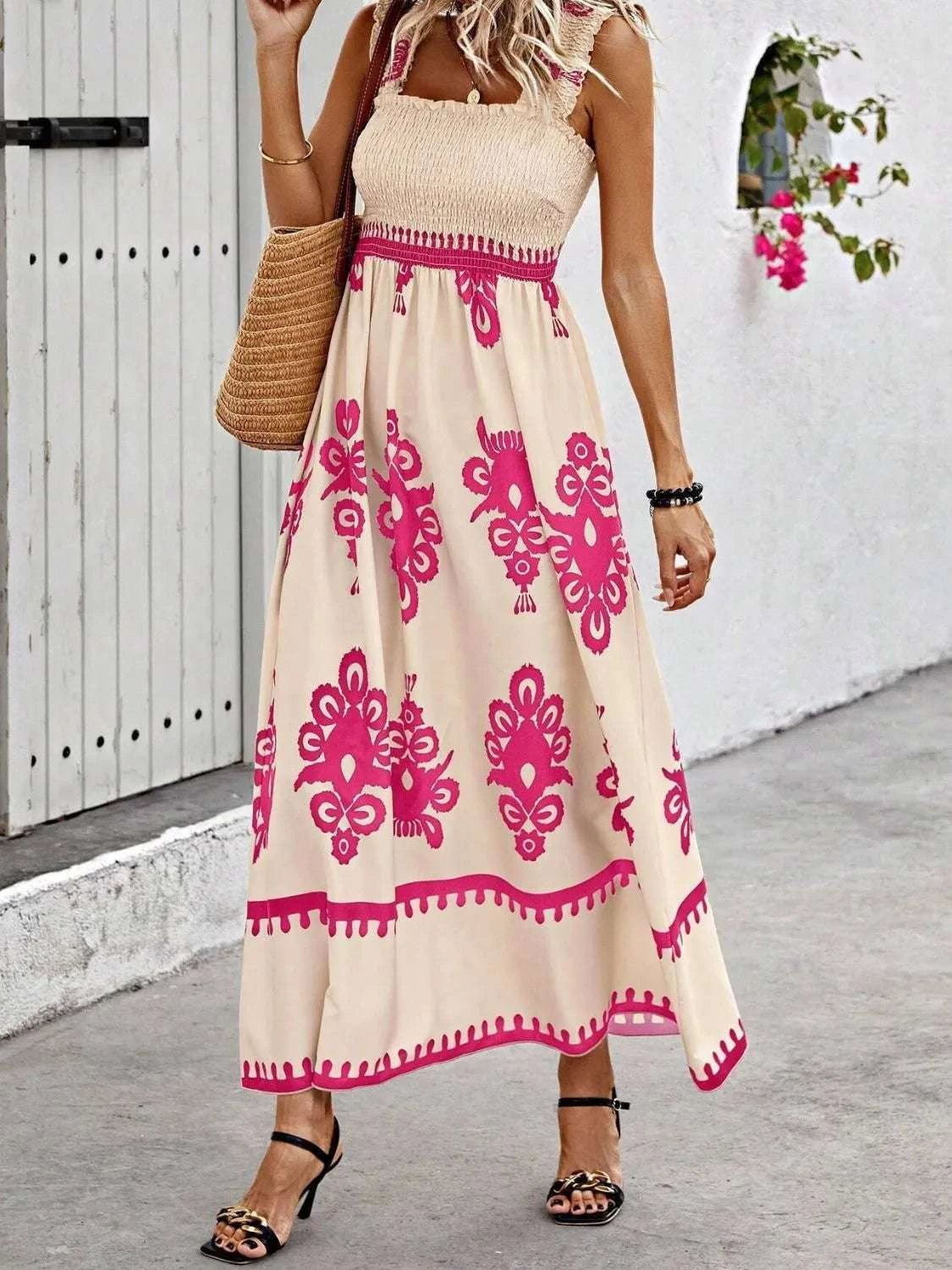 Smocked Printed Wide Strap Maxi Dress WESTCLOSET