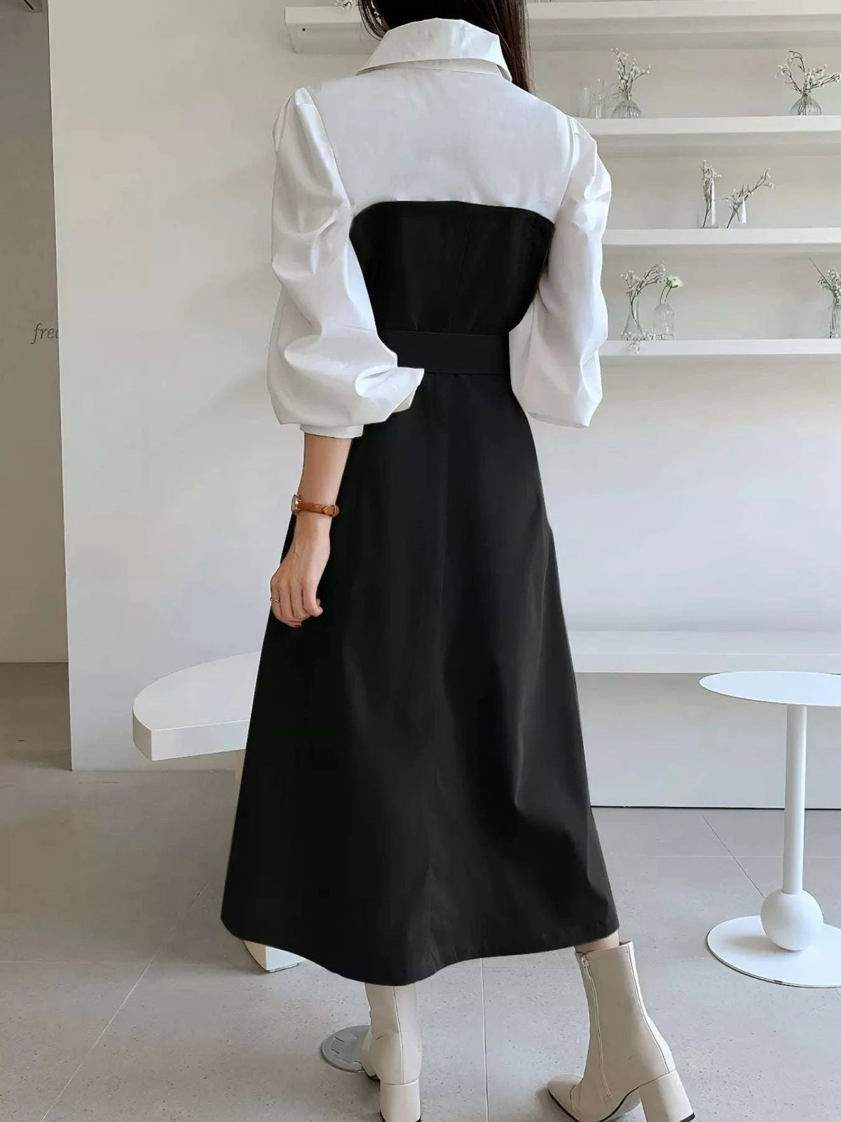 Two Tone Long Sleeve Collared Neck Dress WESTCLOSET