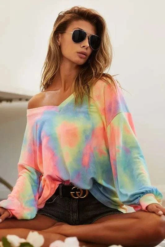 BiBi Tie Dye French Terry V Neck Top WESTCLOSET