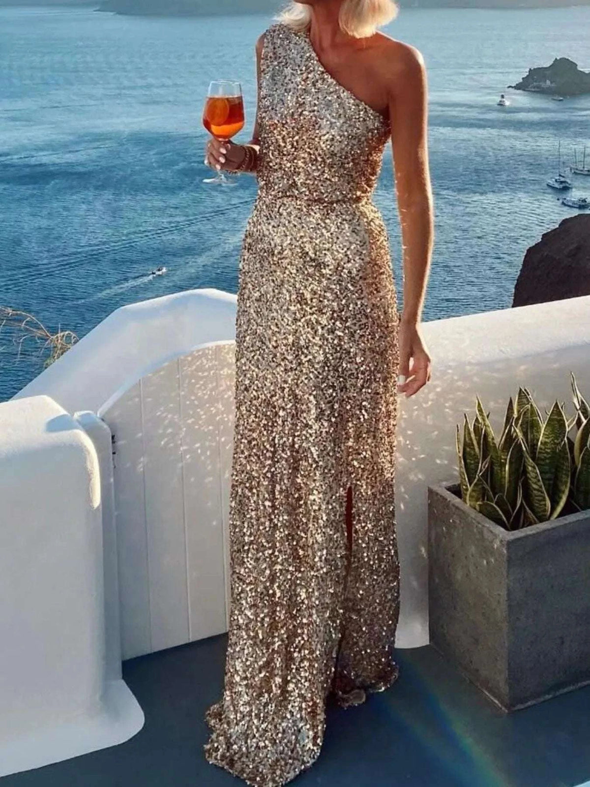 Sequin One-Shoulder Slit Maxi Dress WESTCLOSET