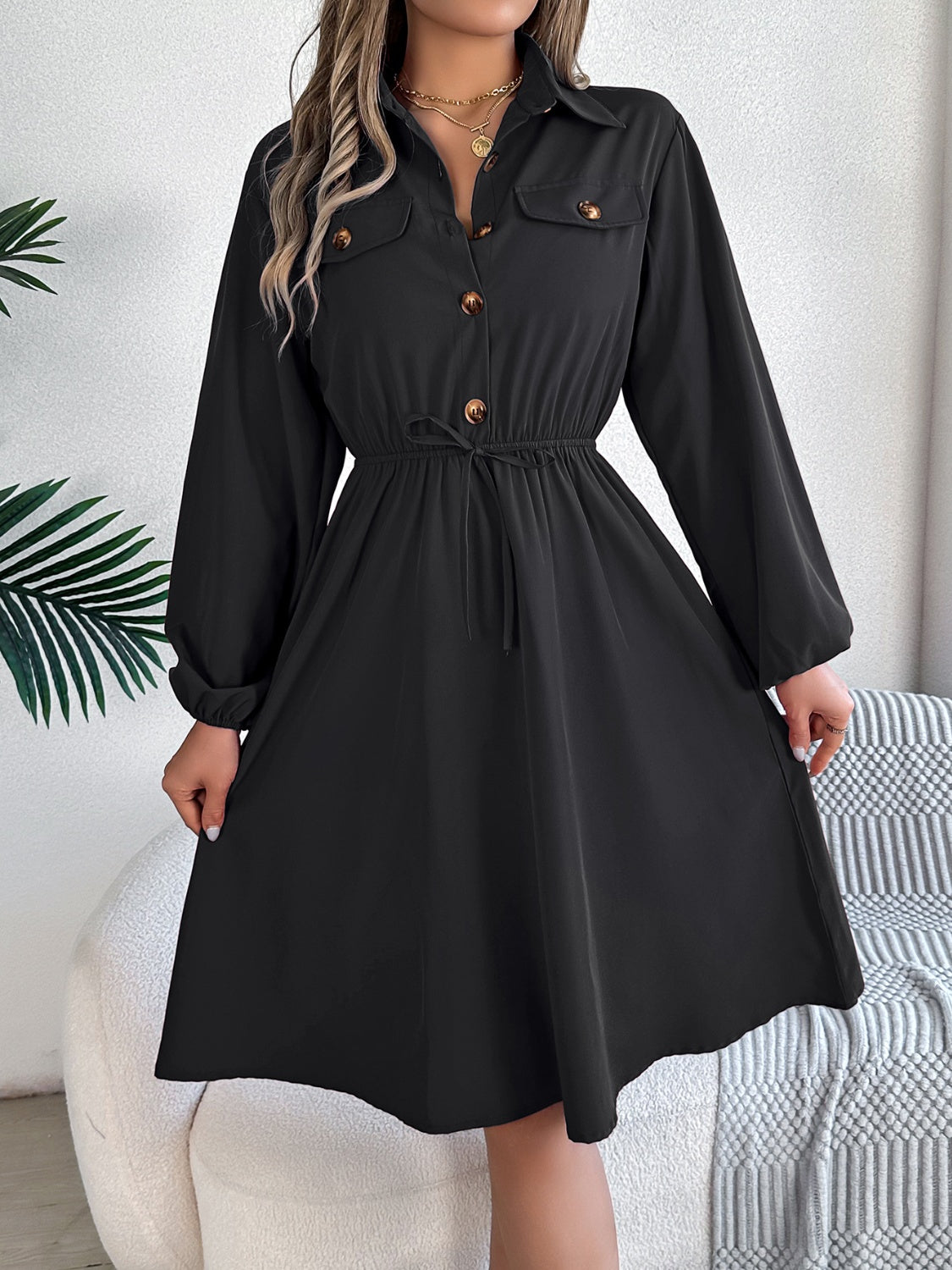 Collared Neck Long Sleeve Dress with Pockets | WESTCLOSET