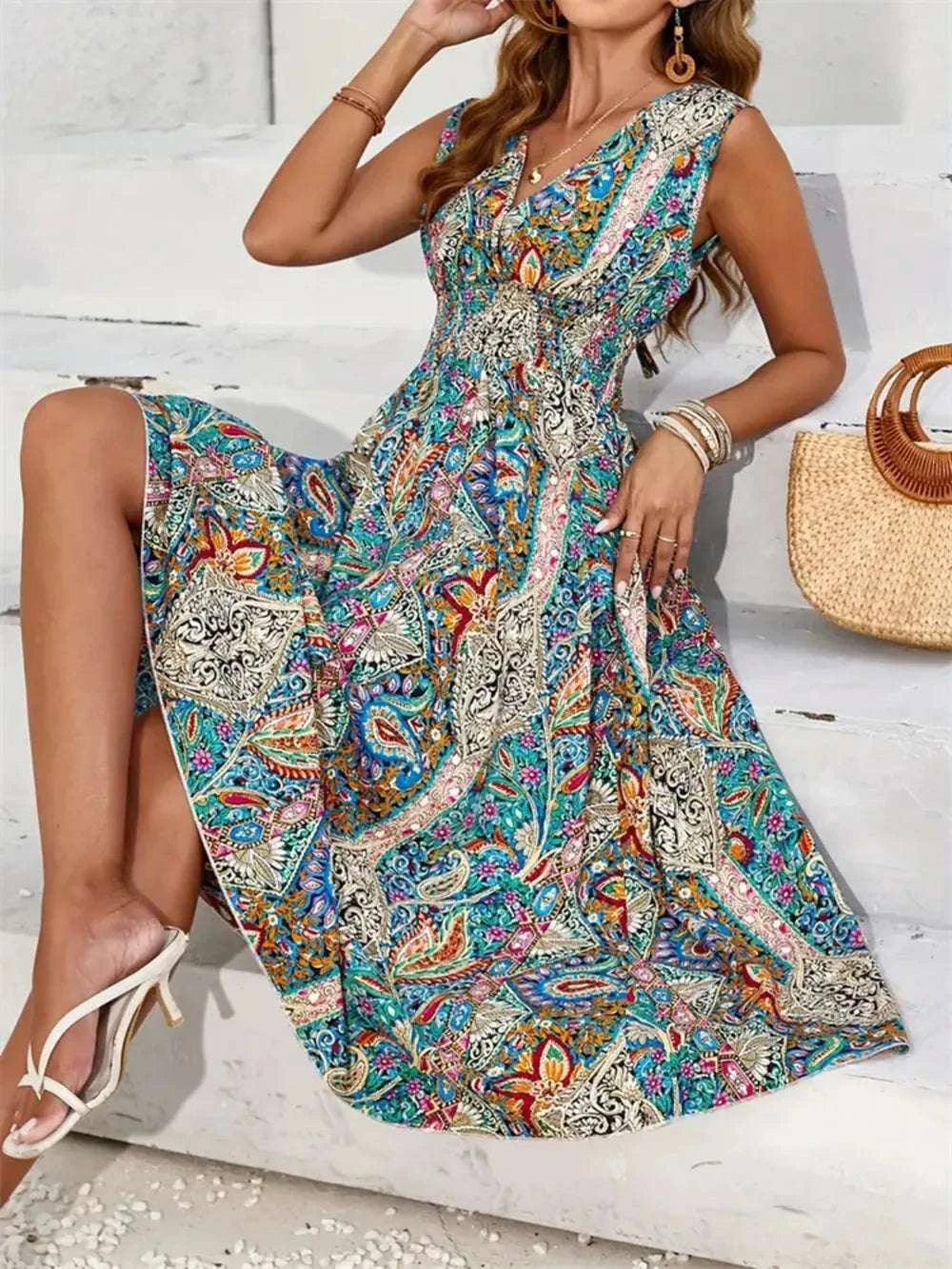 Smocked Printed Surplice Sleeveless Midi Dress WESTCLOSET