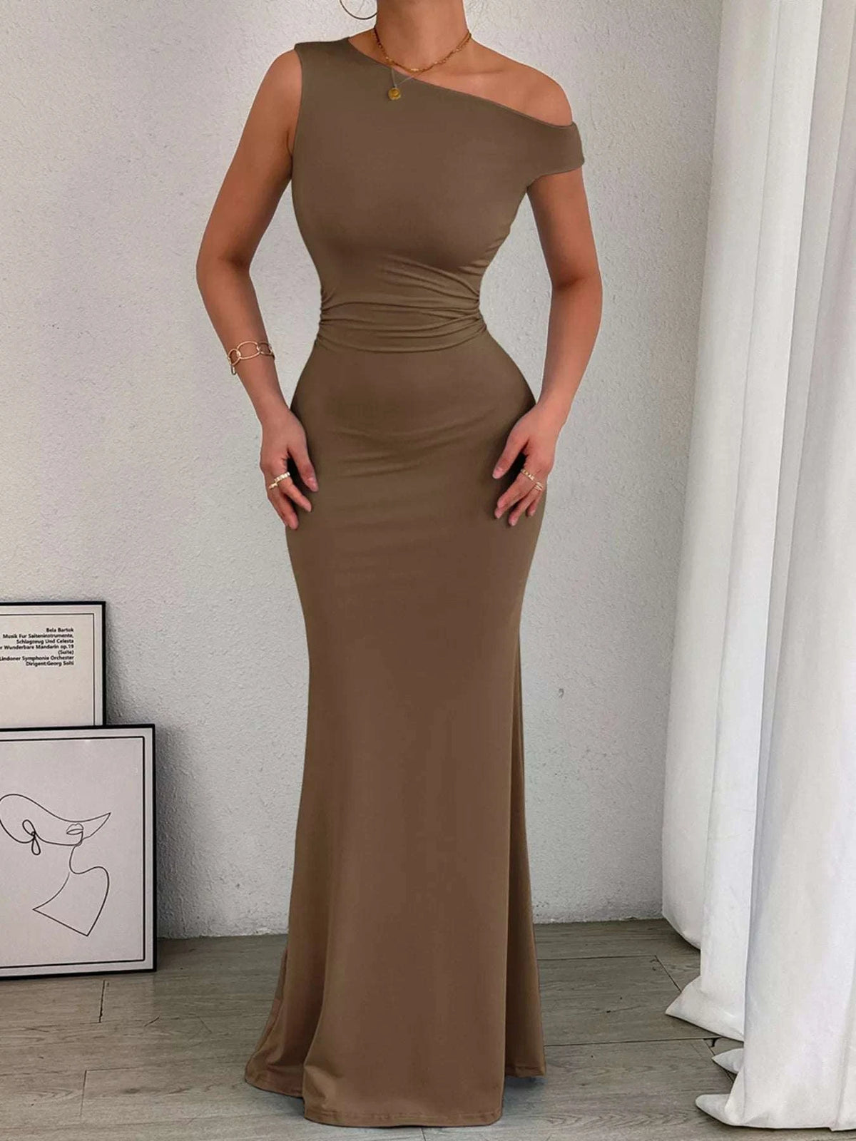 One-Shoulder Ruched Bodycon Maxi Dress WESTCLOSET