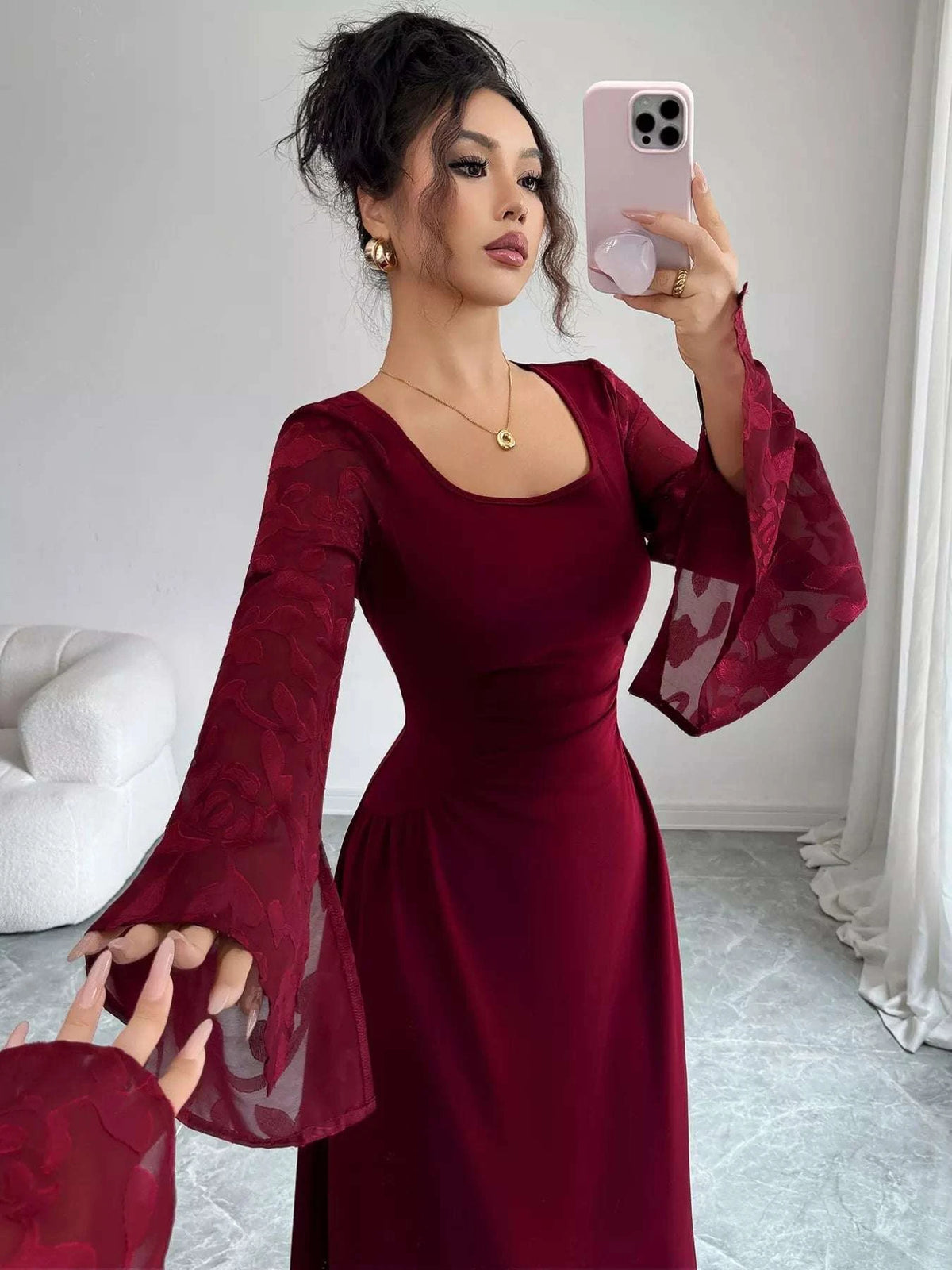 Square Neck Flare Sleeve Midi Dress WESTCLOSET