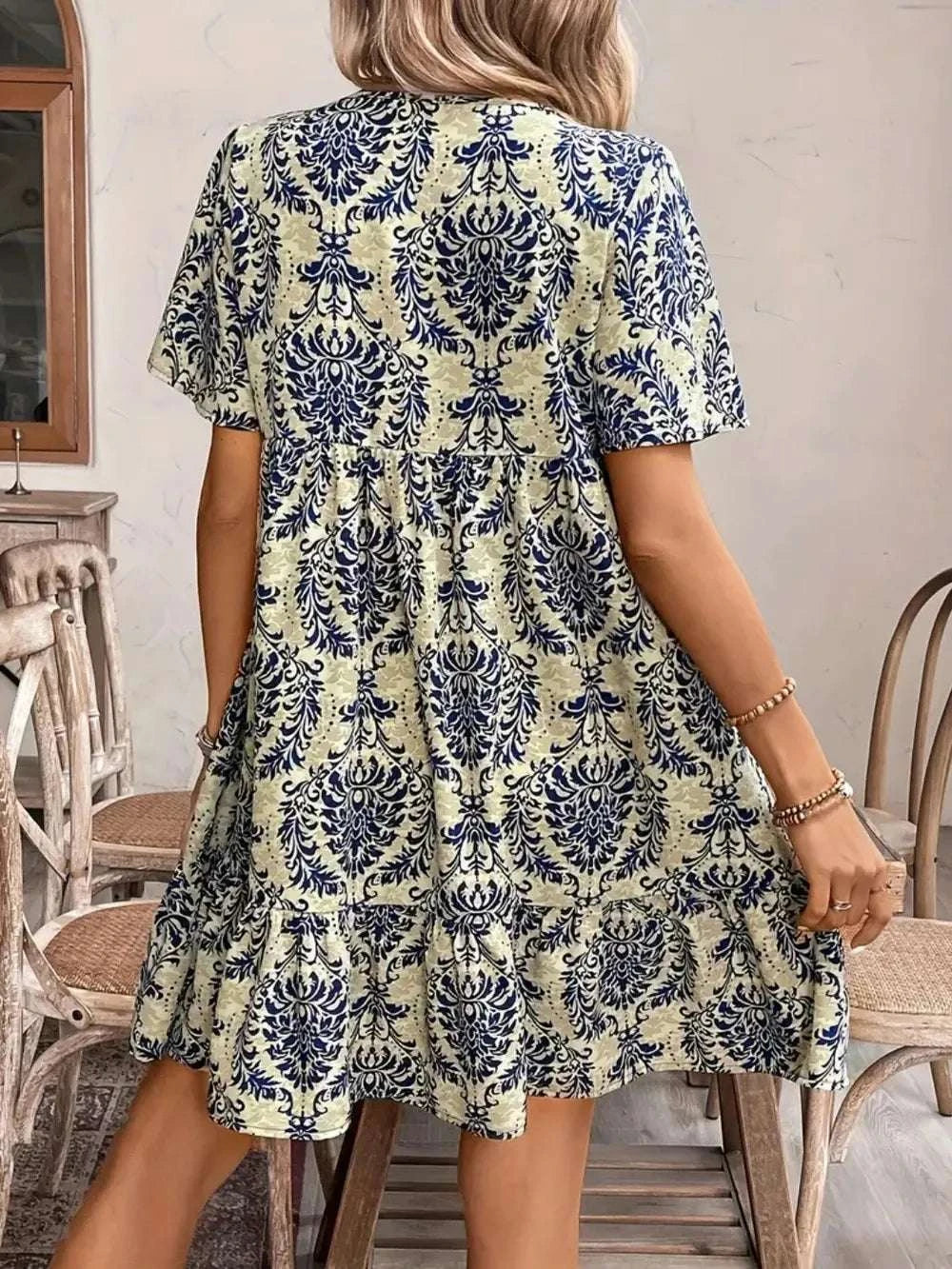 Printed Tie Neck Short Sleeve Dress WESTCLOSET
