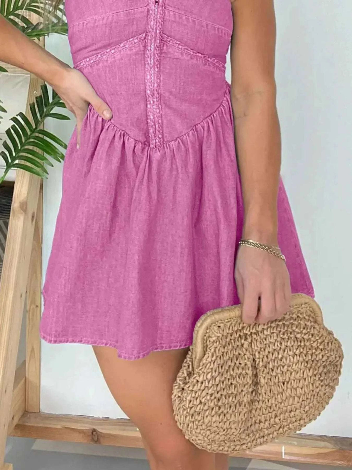 Full Size Lace Up Halter Neck Denim Dress Plus Size WESTCLOSET