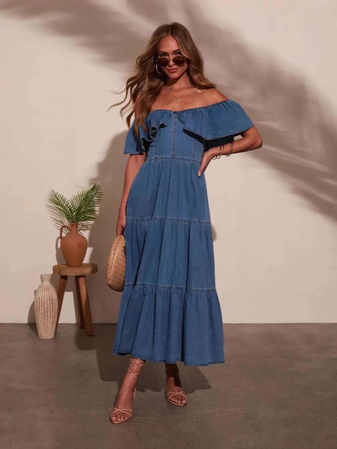 Off Shoulder Ruffle Tiered Denim Dress WESTCLOSET