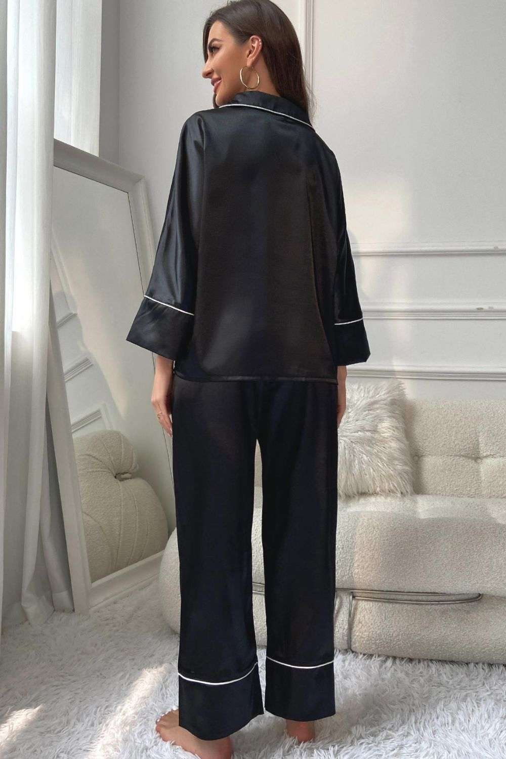 Contrast Piping Button-Up Top and Pants Pajama Set WESTCLOSET