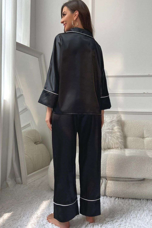 Contrast Piping Button-Up Top and Pants Pajama Set WESTCLOSET