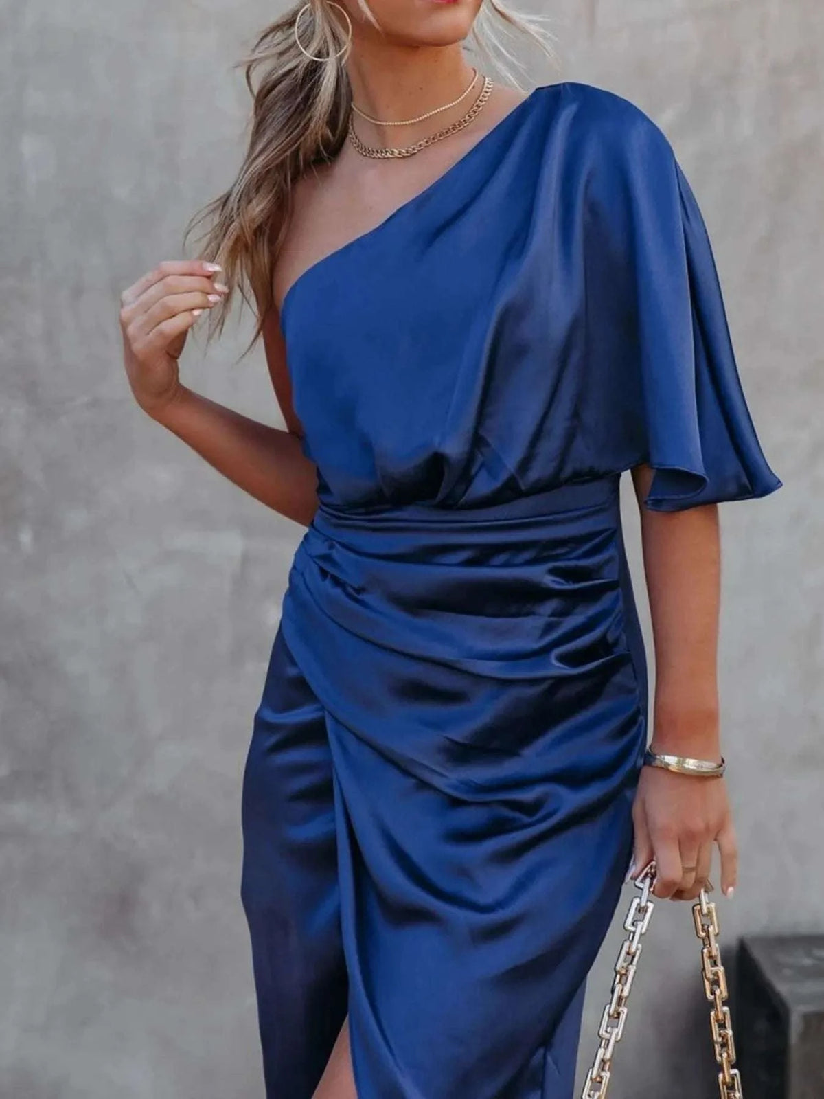 One-Shoulder Satin Wrap Dress with Side Slit WESTCLOSET