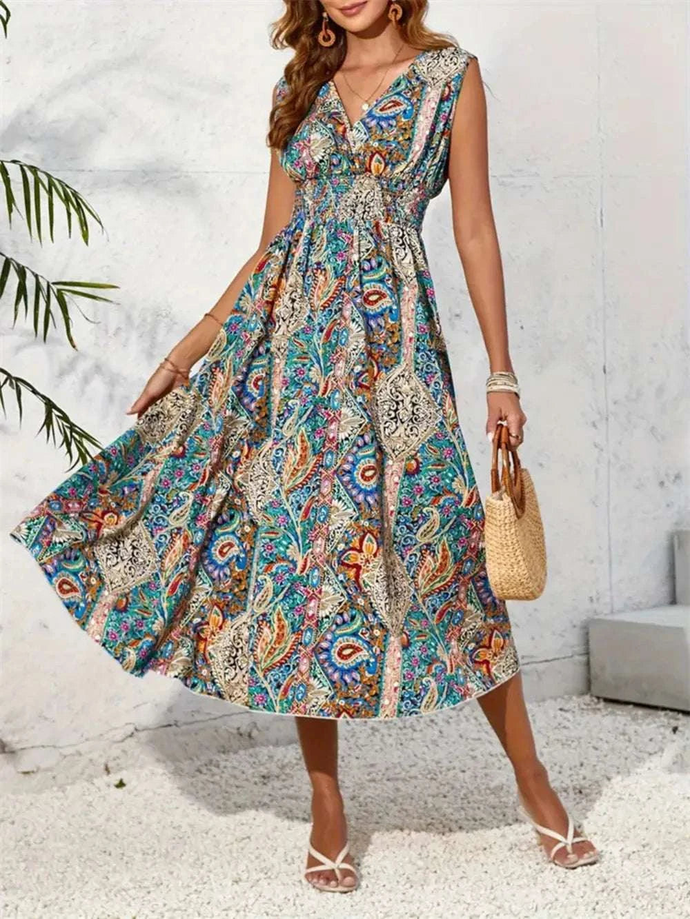 Smocked Printed Surplice Sleeveless Midi Dress WESTCLOSET