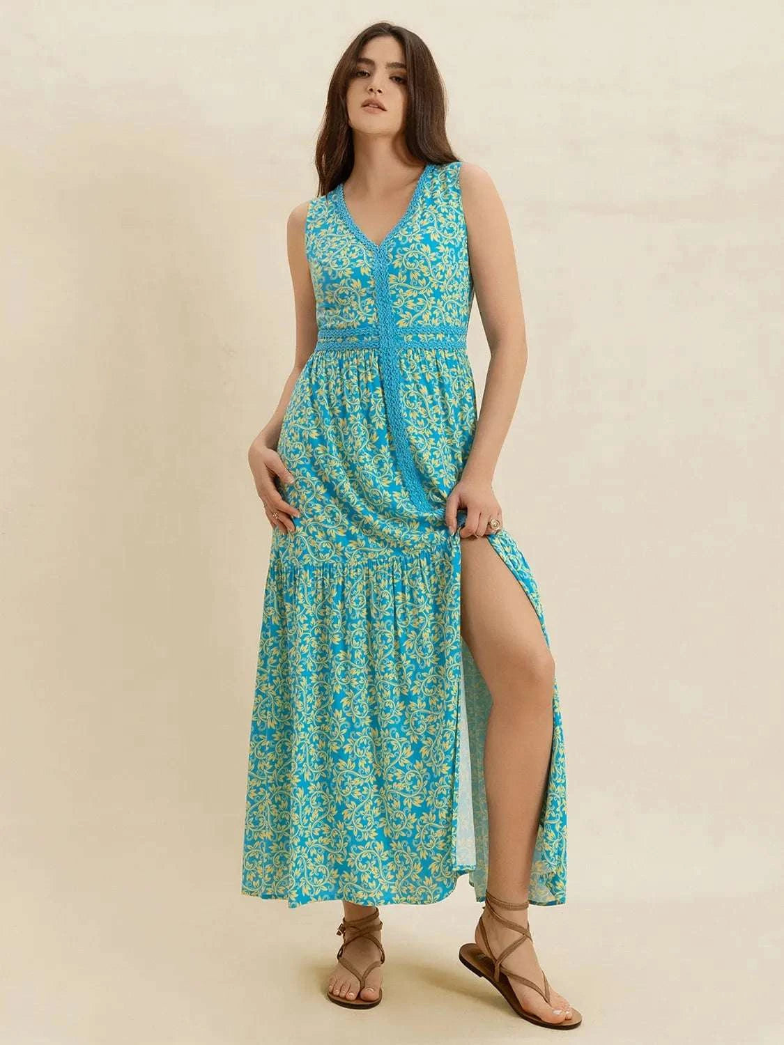 Slit Printed V-Neck Sleeveless Dress WESTCLOSET