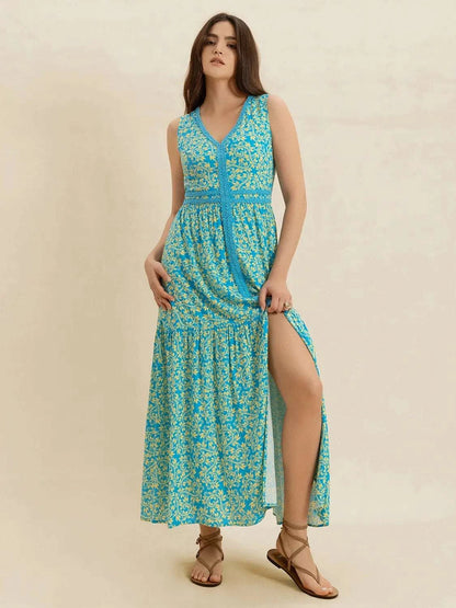Slit Printed V-Neck Sleeveless Dress WESTCLOSET