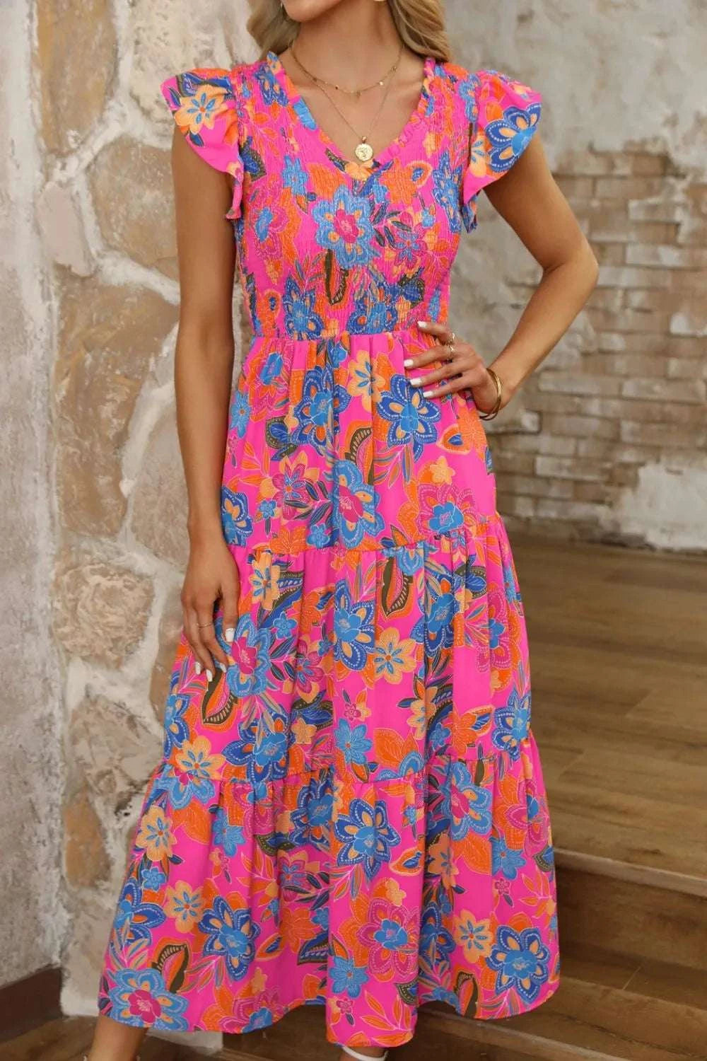 Boho Floral V Neck Ruffle Tiered Dress WESTCLOSET