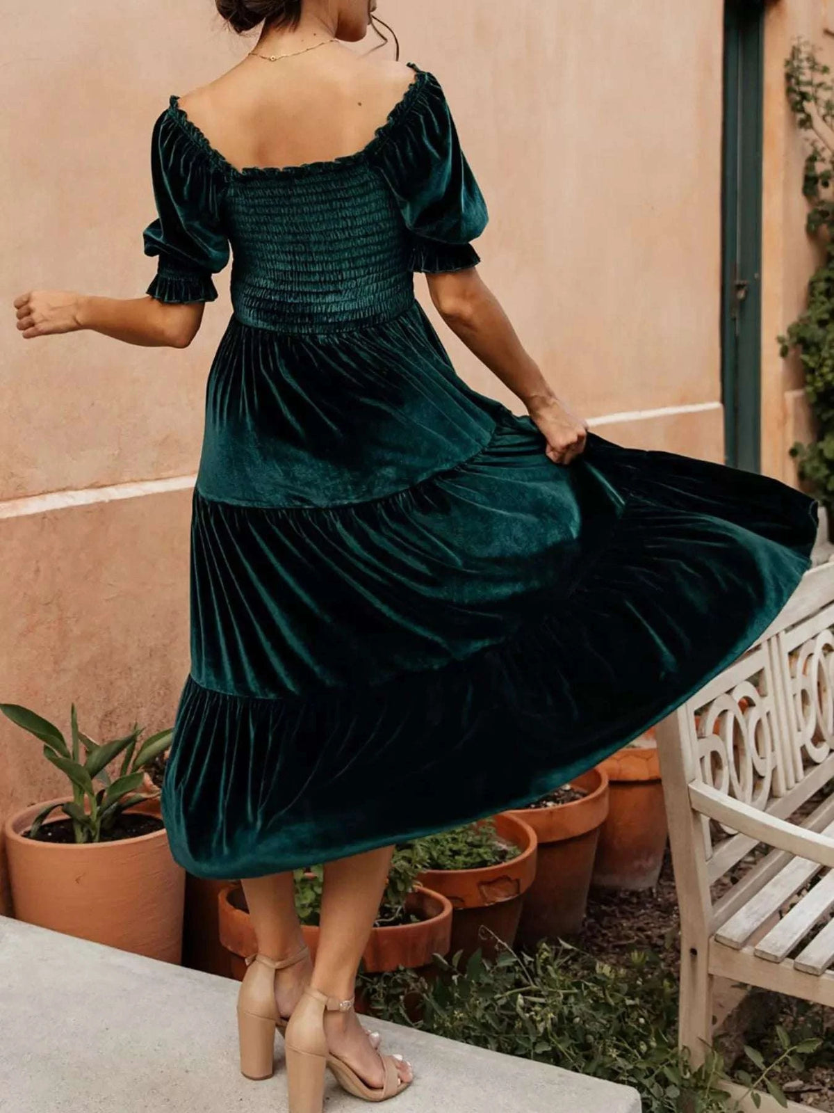 Velvet Smocked Tiered Midi Dress WESTCLOSET