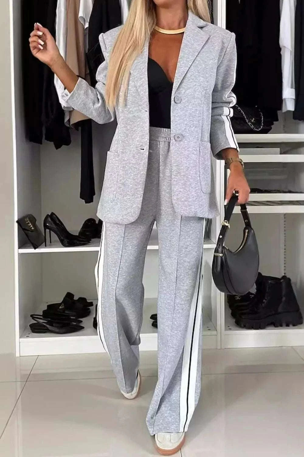 Full Size Contrast Lapel Collar Top and Pants Set WESTCLOSET