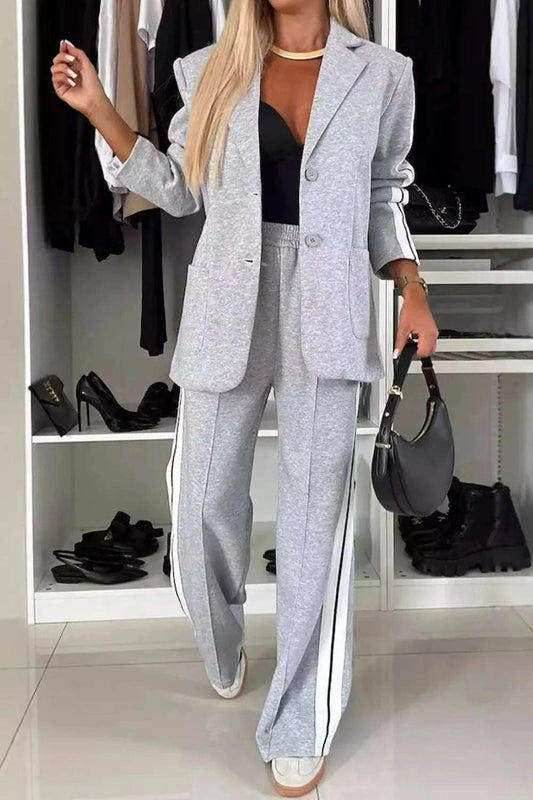Full Size Contrast Lapel Collar Top and Pants Set WESTCLOSET