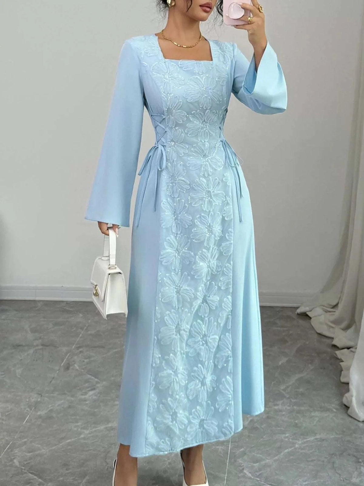 Lace Up Square Neck Long Sleeve Maxi Dress WESTCLOSET