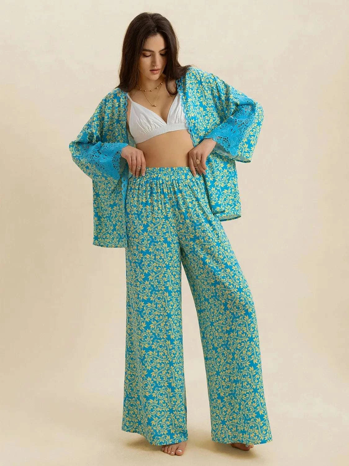 Open Front Printed Top and Pants Set WESTCLOSET