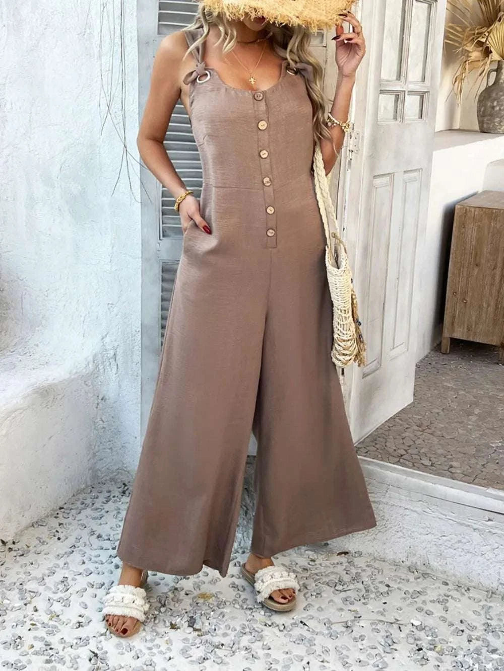 Devine Button Front Knotted Strap Wide Leg Jumpsuit WESTCLOSET