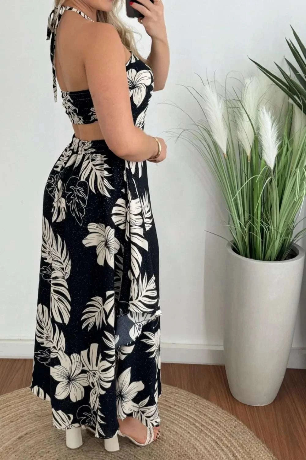 Smocked Printed Halter Neck Dress WESTCLOSET