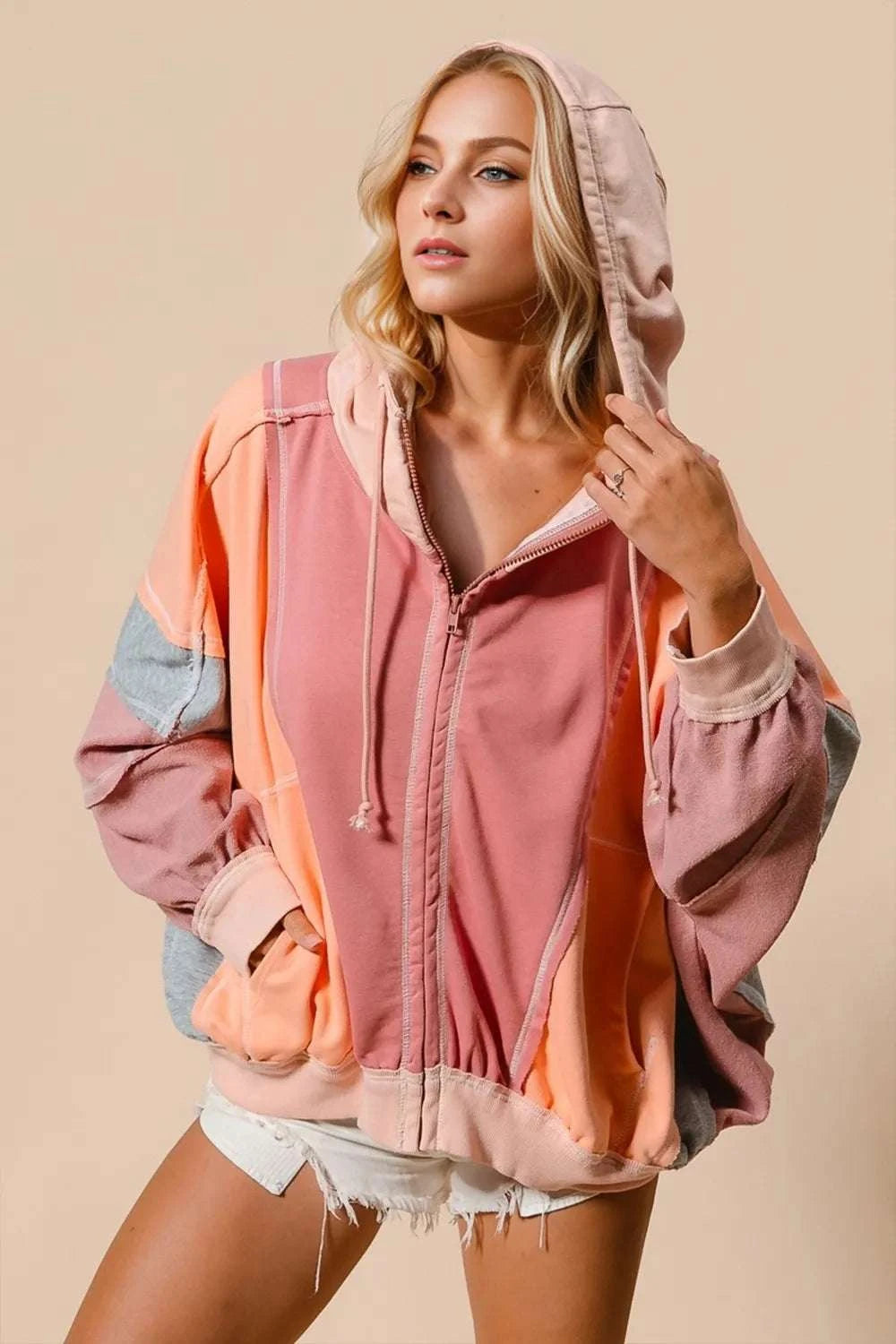 Double Take Full Size Color Block Zip Up Hoodie WESTCLOSET