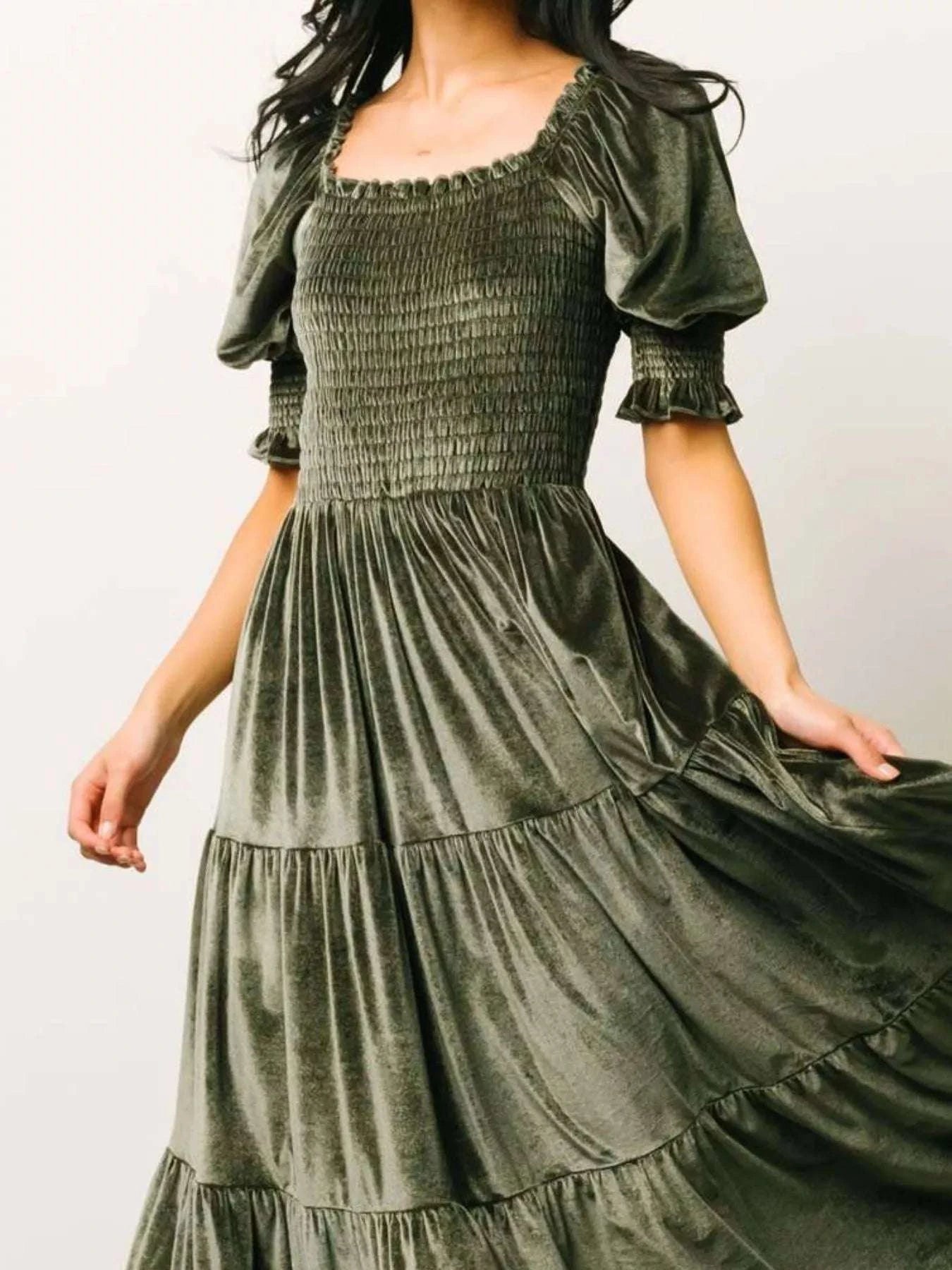 Velvet Smocked Tiered Midi Dress WESTCLOSET
