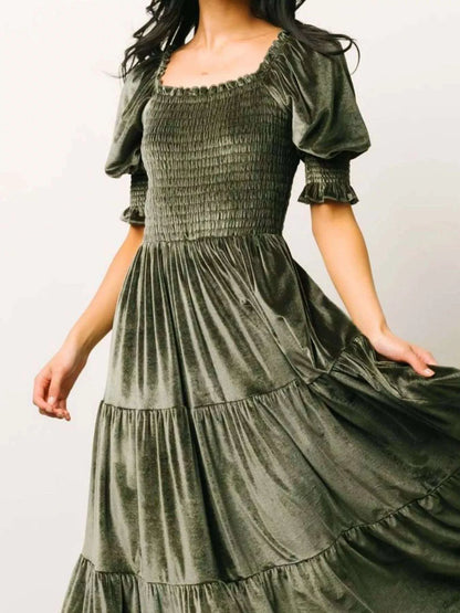 Velvet Smocked Tiered Midi Dress WESTCLOSET